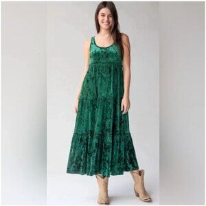 Natural Life Karlie Dress Womens Small Green Crushed Velvet Tiered Maxi Pockets
